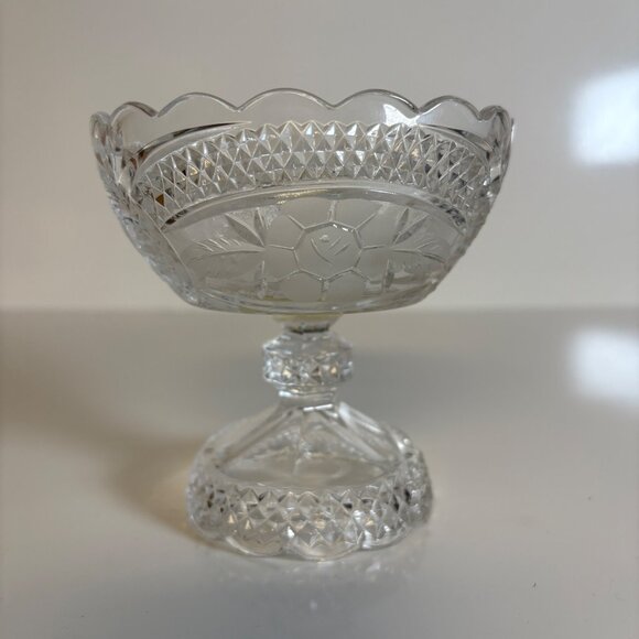 Floral Etched Glass Pedestal Candy Dish Diamond Cut Scallop Edge Vintage 4.5in - Picture 1 of 5